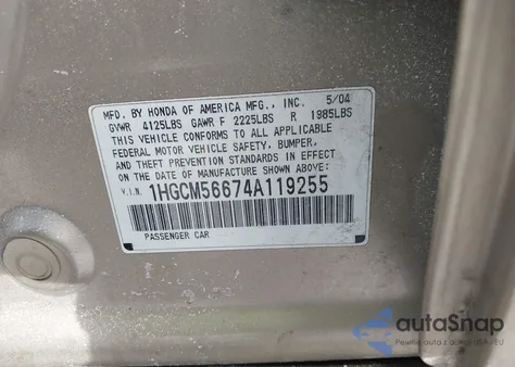 2004 Honda Accord 2.4 Ex z USA, uszkodzony, nr VIN 1HGCM56674A119255